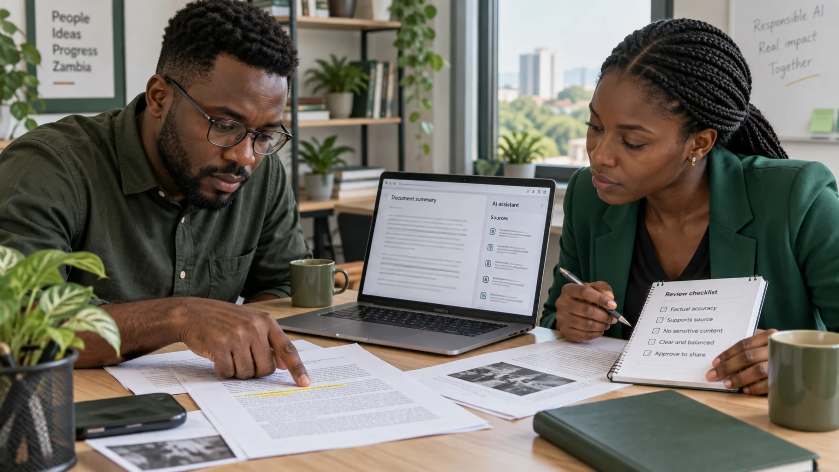 Two professionals comparing an AI document summary with source pages and a review checklist