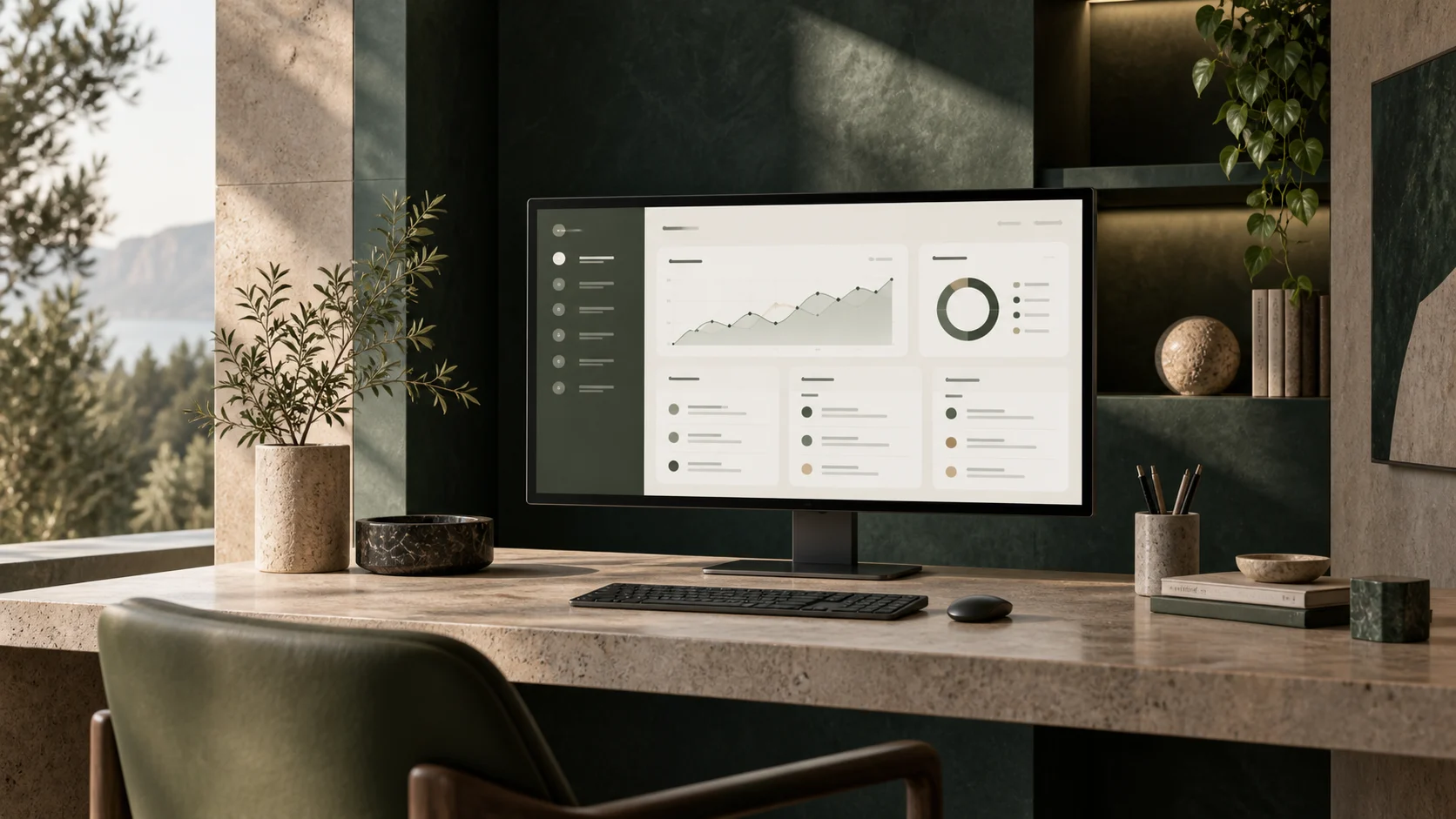 Illustrative business dashboard on a desktop monitor