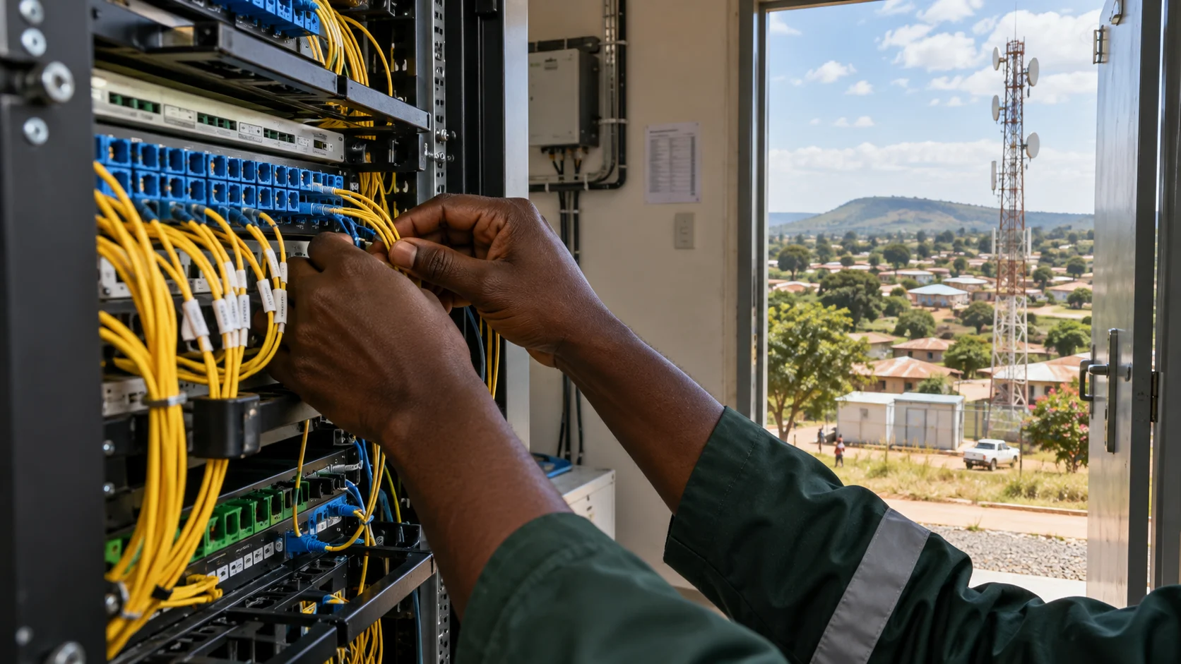 Technician connecting fibre cables with a telecommunications tower beyond the equipment room