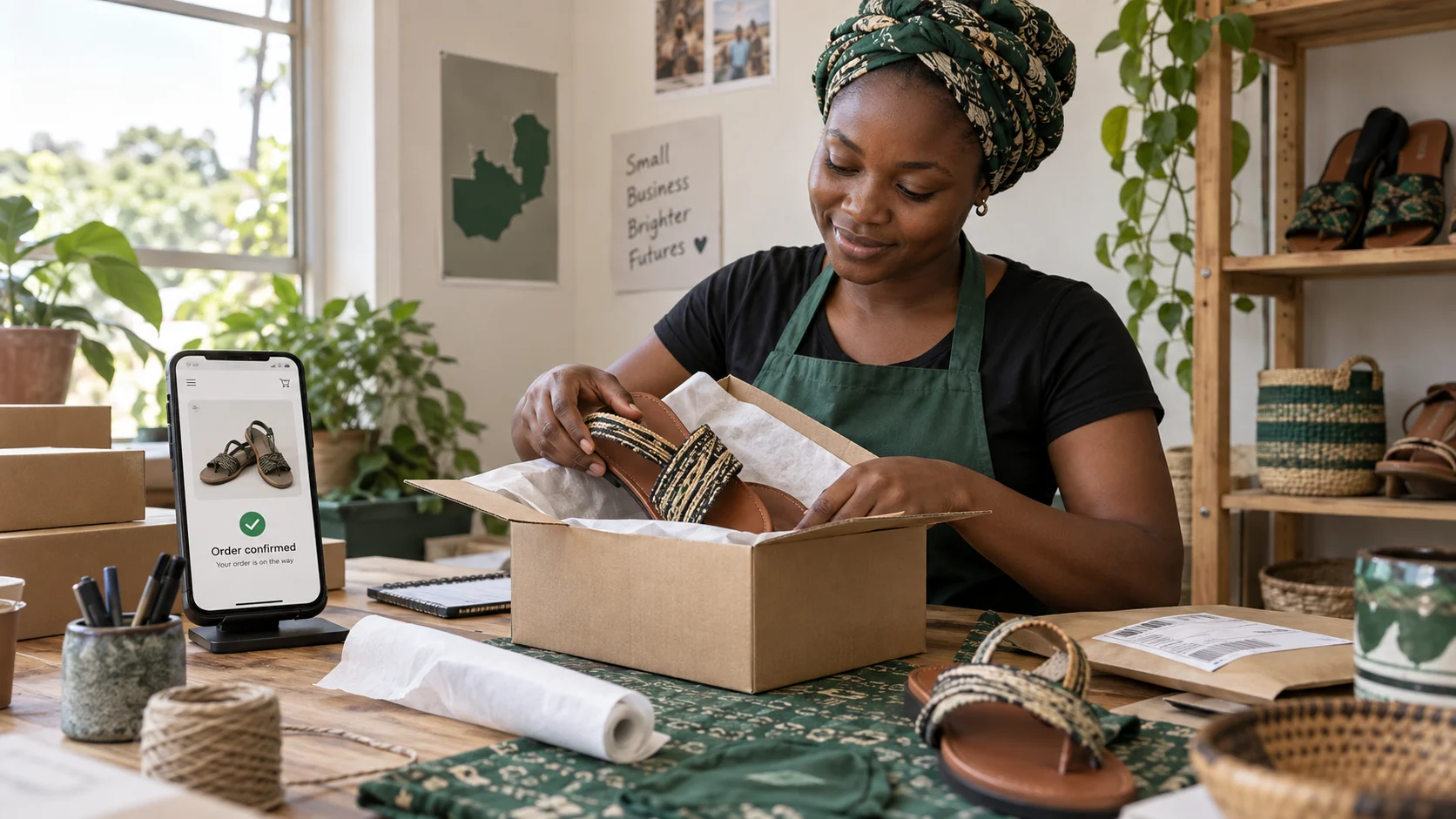 Business owner packing sandals for an online order beside a mobile storefront