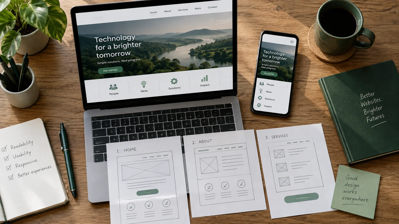 Responsive website layouts on a laptop and phone beside navigation wireframes