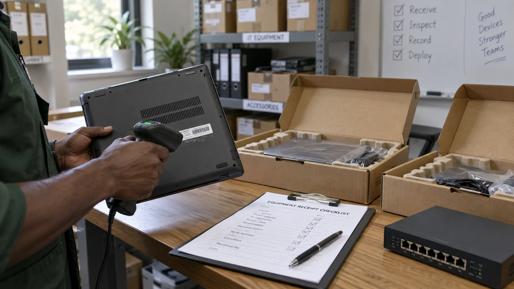 Technician checking a laptop serial label against an equipment delivery checklist