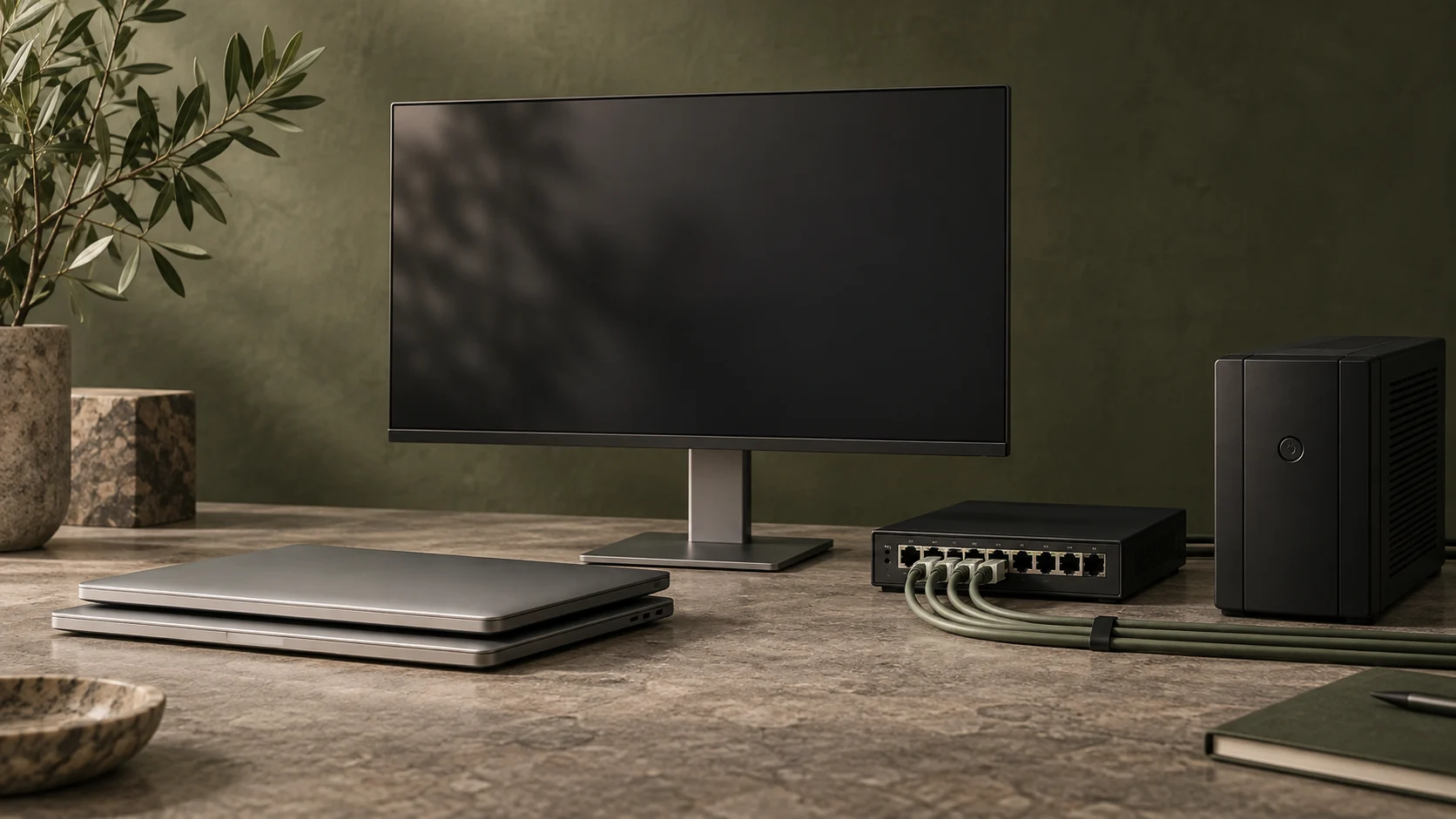 Laptops, network switch, monitor and power backup equipment