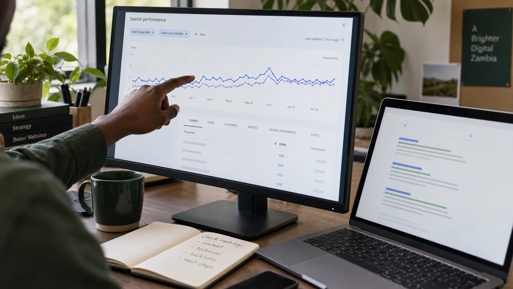 Search performance dashboard and search results being reviewed at a desk