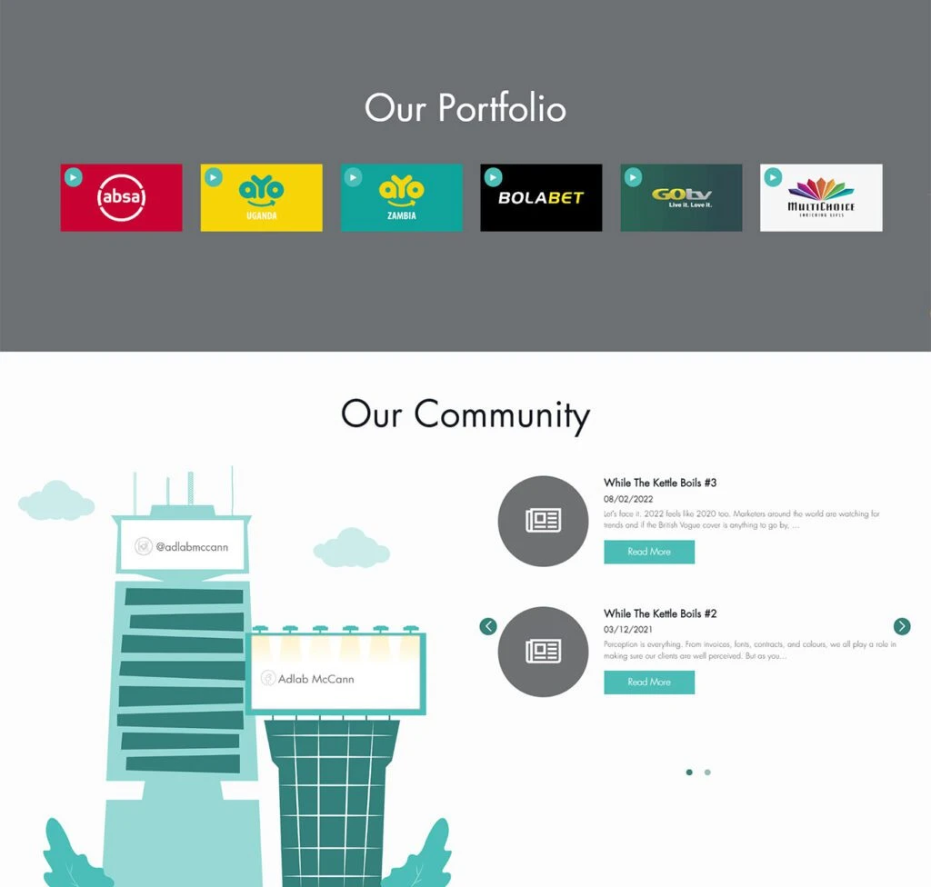 Adlab // McCann: Portfolio and community sections