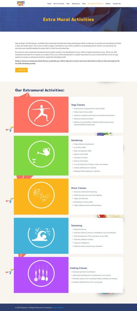 Bingo Tots Montessori: Extra-mural activities webpage