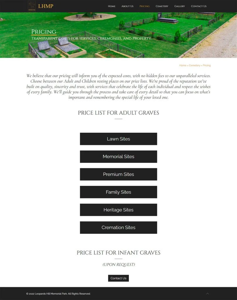 Leopards Hill Memorial Park: Cemetery pricing webpage