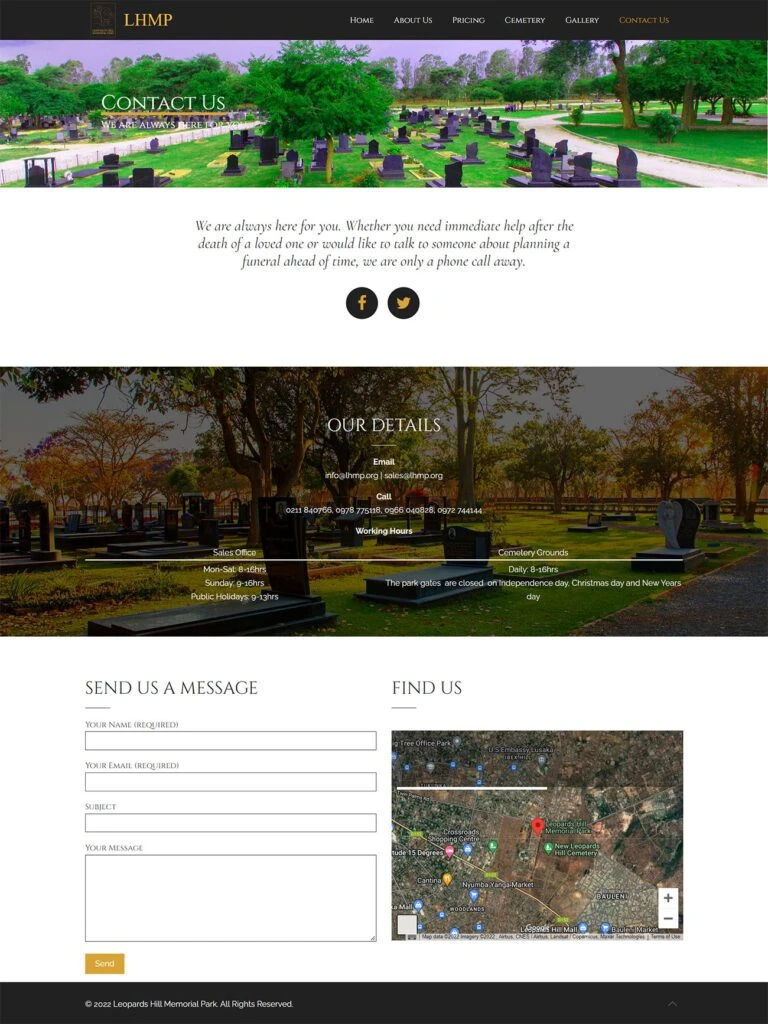 Leopards Hill Memorial Park: Contact page with enquiry form and map