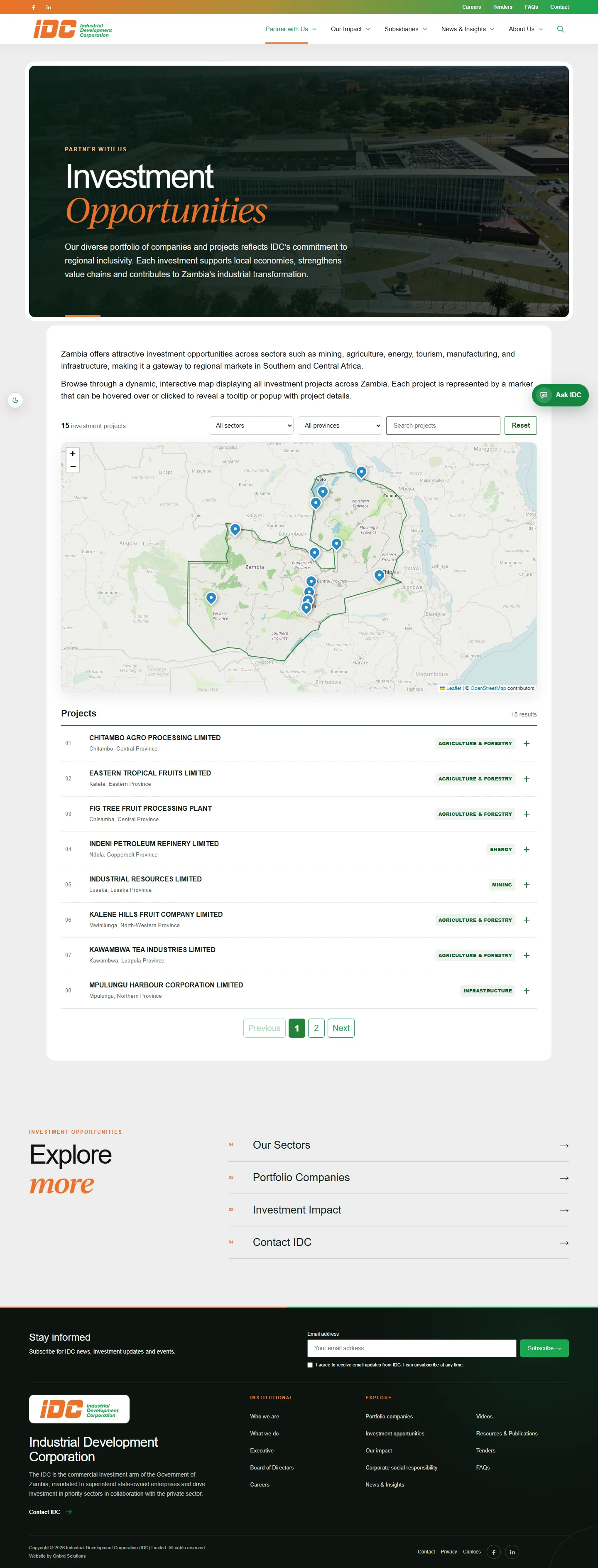 Industrial Development Corporation: Investment opportunities page with project search, filters and a map of Zambia