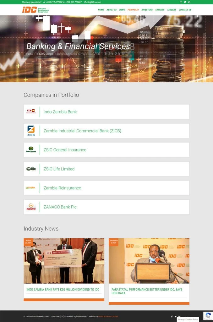 Industrial Development Corporation: Banking and financial services portfolio webpage