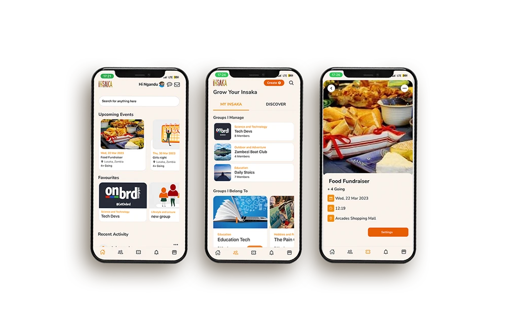 Insaka mobile app screens