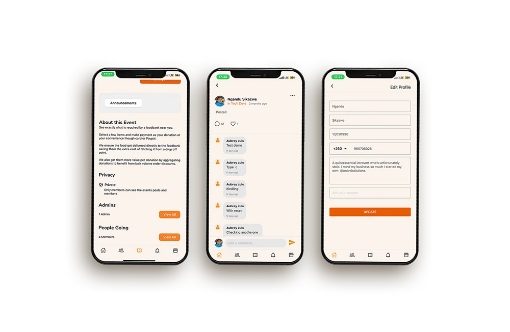 Insaka: Event details, discussion and profile editing screens