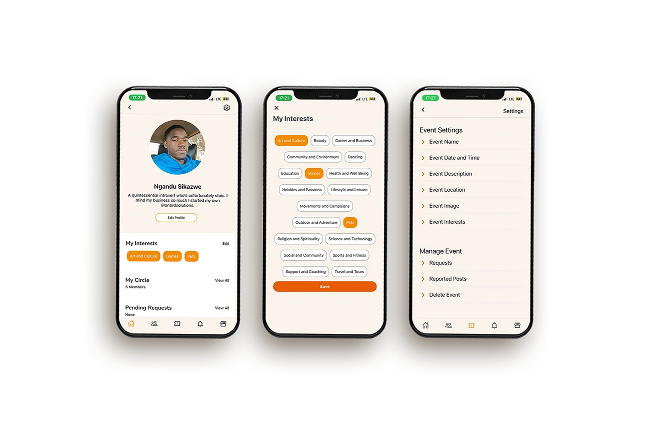 Insaka: Profile, interests and event settings screens