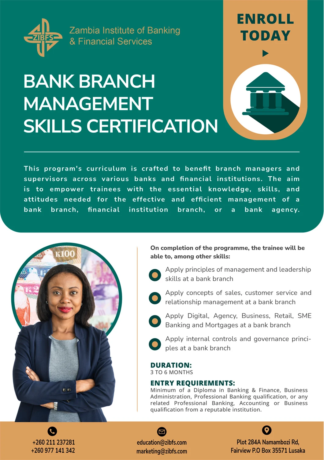 Zambia Institute of Banking & Financial Services: Bank branch management skills certification artwork